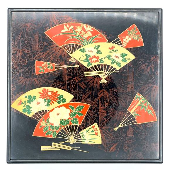 Vintage Otagiri Original Lacquerware Box Faux Lacquer Black with Fans Flowers - Picture 3 of 13